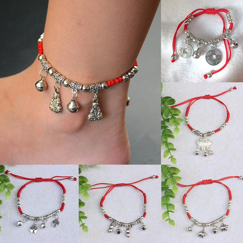 Simple Silver Retro Ethnic Style Anklet Female Beaded Red Rope Ankle Girl Accessories
