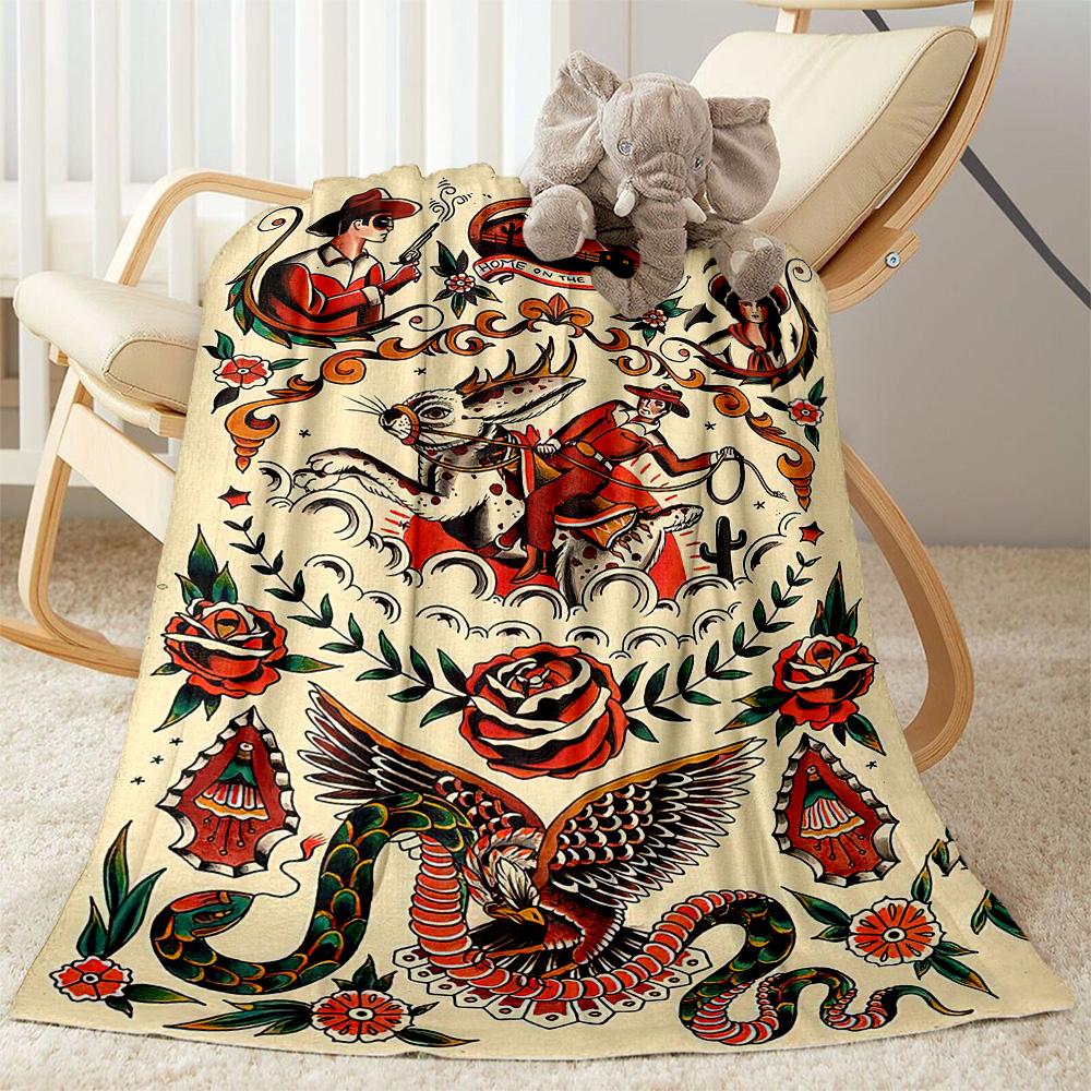 Tattoo Style 12 Blanket Warmthful Decor Suitable for Couch Sofa Office Chair Four Seasons Multipurpose Modern Gifts For Family Or Friends