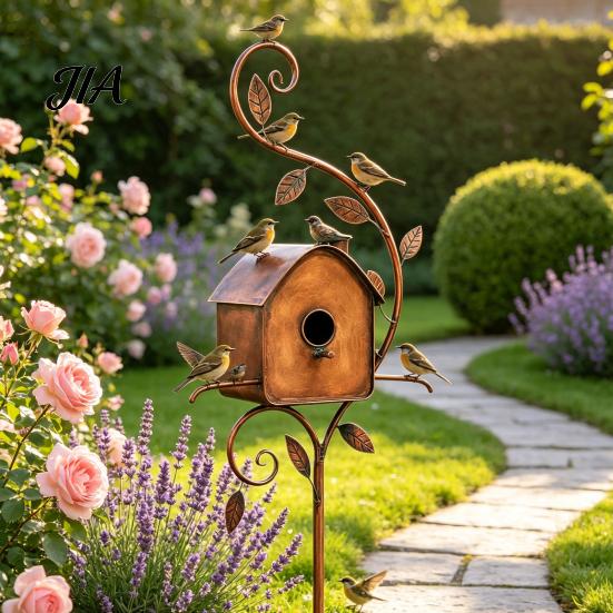 Rustic Bird Station Metal House Garden Stakes, Feeder Decor, Weatherproof Gift for Lovers Iron Art Decor Outdoor Lawn Yard Flower Bed Decoration Wild