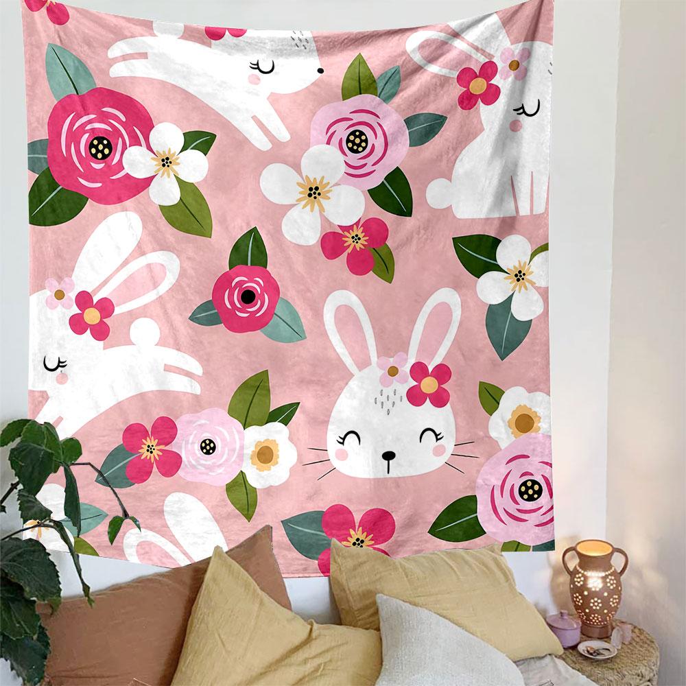 Cute Bunnies and Floral Pink Tapestry Patterned Tapestry Decorative Wall Hanging, Home Bedroom Living Room Decor