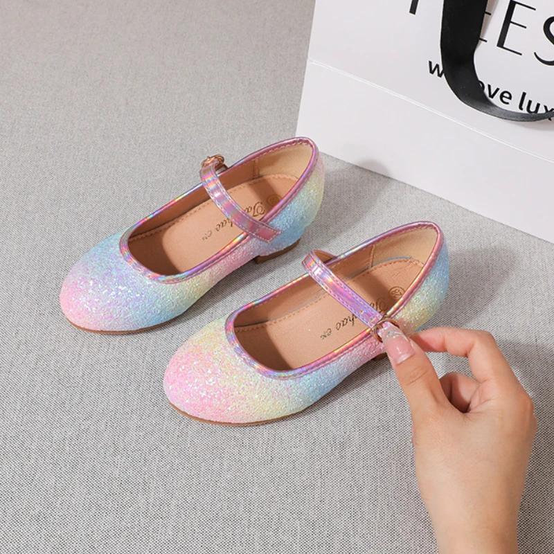Classic Girl Leather Shoes for Party Dance Fashion Glitter Children Princess Shoes Kids Wedding Rainbow High-heels Single Shoes
