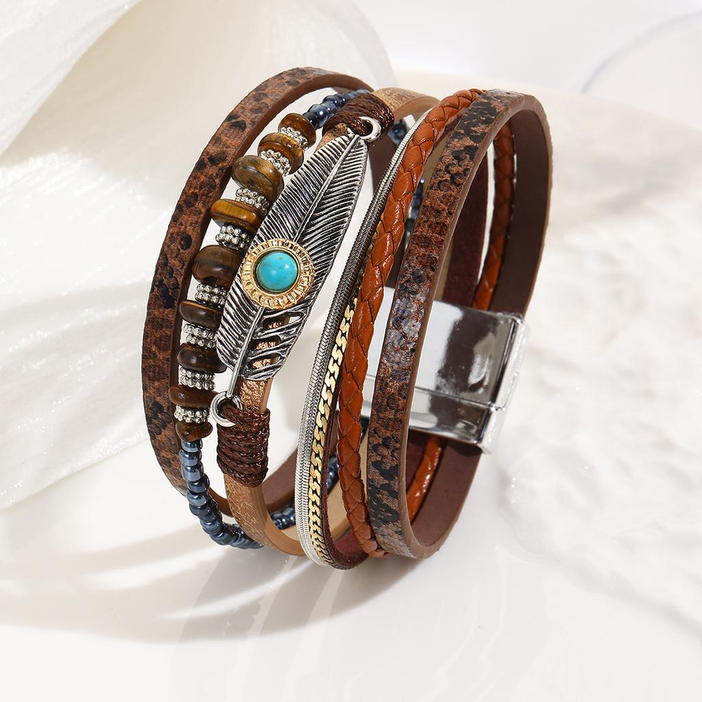 Bohemian Bracelet Gravel Feather Leather Women's Bracelet Vintage Feather Turquoise Magnet Buckle Bracelet