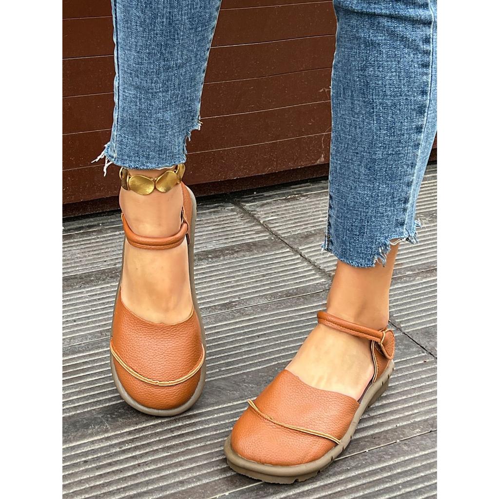 Ladies Mary Jane Flat Dance Lace Adjustable Velcro Closure - Round Head Casual Shoes, Comfortable Brown Single Shoes for All Seasons, Daily Dressing