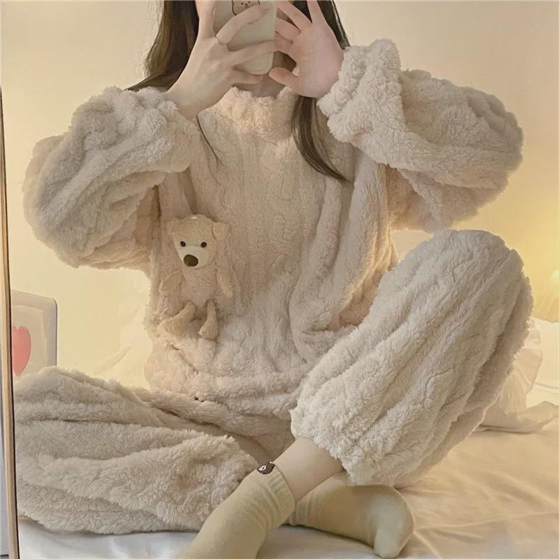 Женский плюшевый зимний пижамный комплект с плюшевым медведем