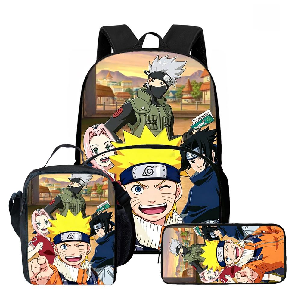 Набор из 3 предметов: Школьный рюкзак NARUTO с передним карманом, сумка для обеда и пенал. Легкий, для мальчиков и девочек 6-10 лет