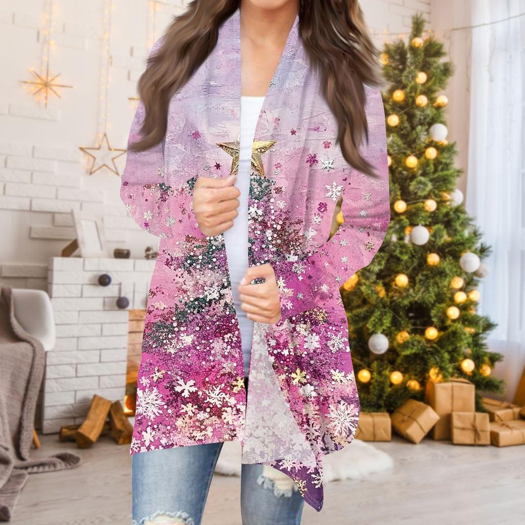 Женская мода повседневная рождественская печать средней длины кардиган куртка пальто