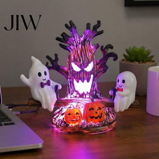 Creative Gothic Style Night Lamp Animated Seesaw Ghost Light, USB Powered 3D Cute LED Small Light for Hallway with Spooky Tree And Pumpkin Design,