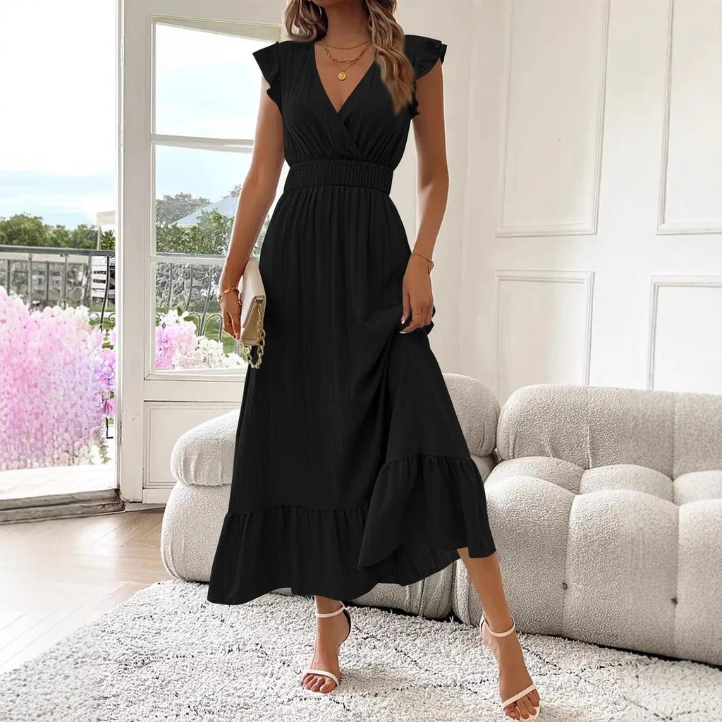 Женское повседневное модное платье А-силуэта с высокой талией, V-образным вырезом и рукавами-оборками Рукава-оборки