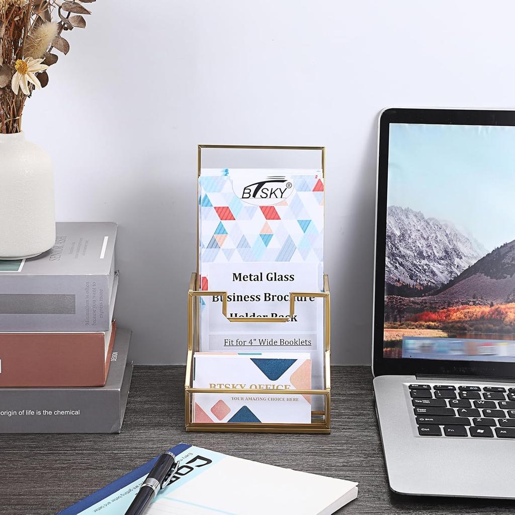 BTSKY Golden Glass Brochure Holder for 4" Wide Trifold Handouts, Countertop Pamphlet Holder Display Stand with Business Card Holder, Flyer Display