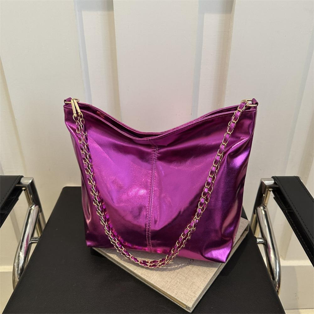 Large Capacity PU Leather Tote Bag Solid Color Women Handbag Retro Chain Shoulder Bag Party