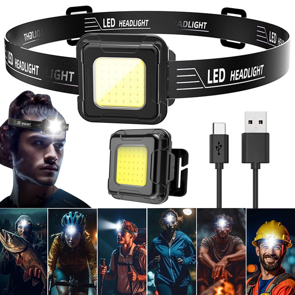 Мини налобный фонарь COB LED с зарядкой Type-C USB Компактный налобный фонарик 4 режима освещения Регулируемый угол для кемпинга, бега, пеших прогулок