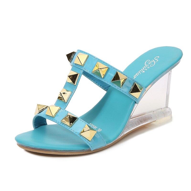 Женские прозрачные модные сандалии высокого качества на танкетке со стеклом, прозрачные босоножки на каблуке с заклепками LFD