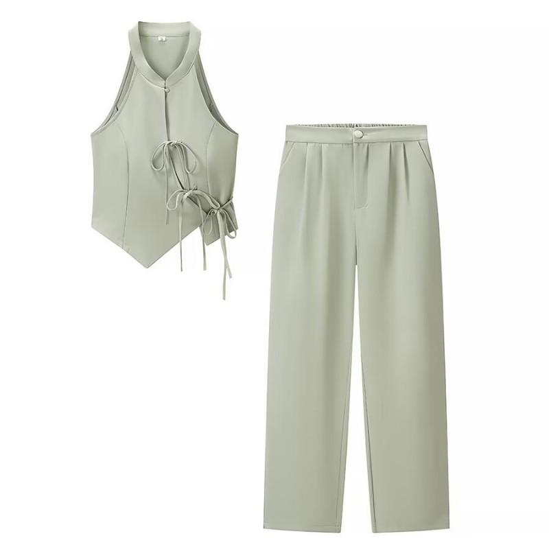 Womens Casual Set Gray Green Sleeveless Top Pants Outfit Vintage Chic Boho Style