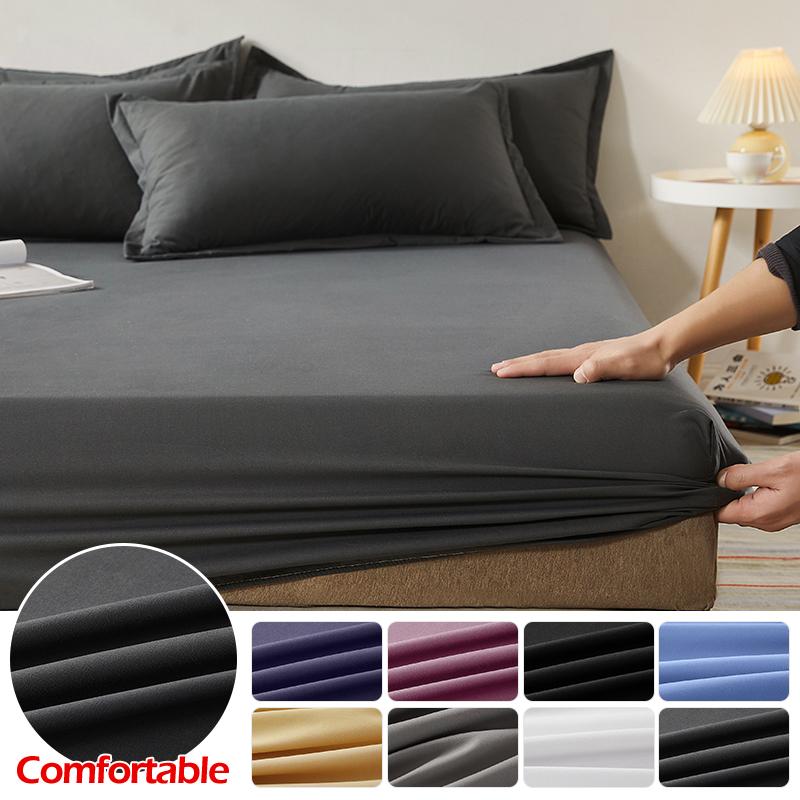 Mattress Cover Fitted Bed Sheet Solid Color Anti-slip Adjustable Bed Cover (Without Pillowcase)