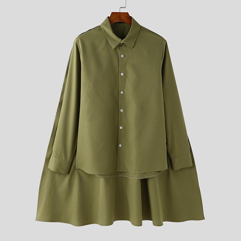 INCERUN Мужские весенние рубашки с длинным рукавом на пуговицах, нестандартные слои, топы-плащи
