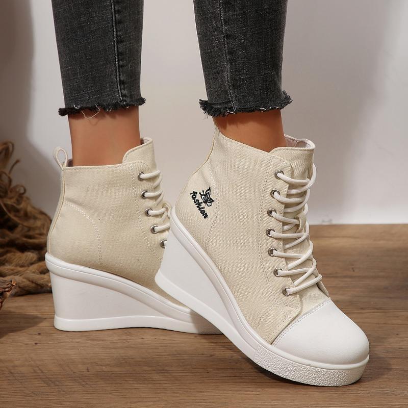 Canvas Ankle Boots Wedges High Heels Shoes Woman Rend Lace Up Spring New Fashion Leisure Pumps Walking Women's Boots Mujer Botas
