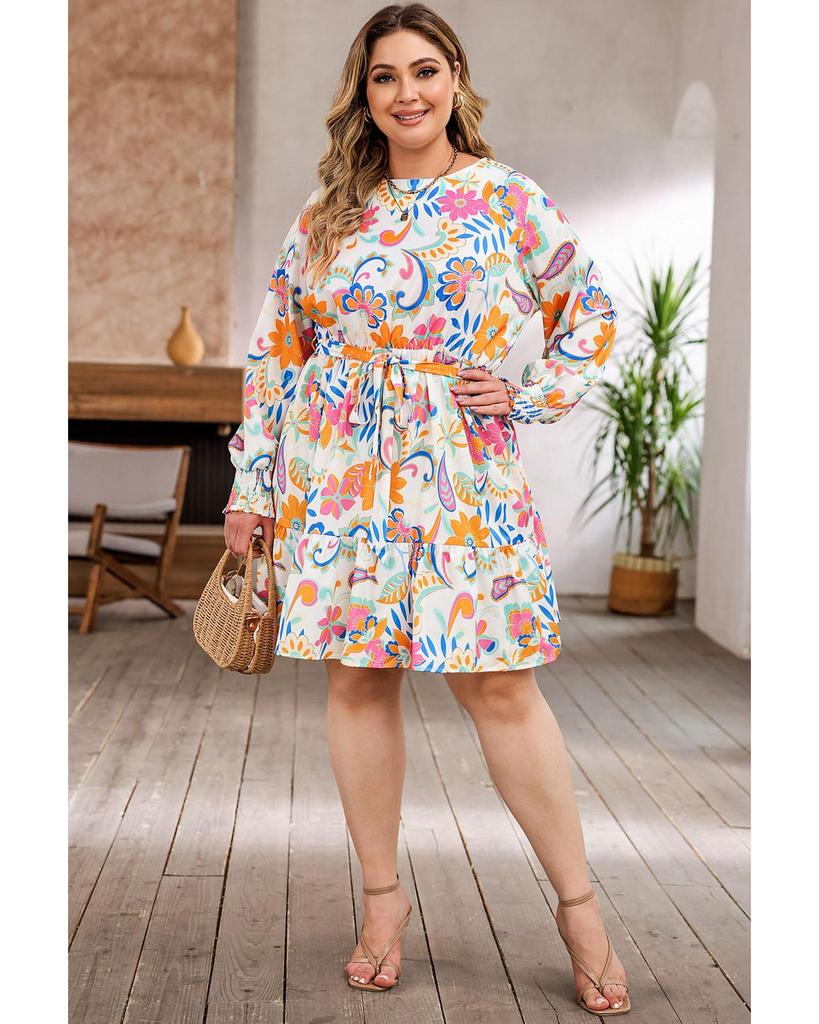 Azura Exchange Orange Paisley Floral Print Belted Plus Size Dress
