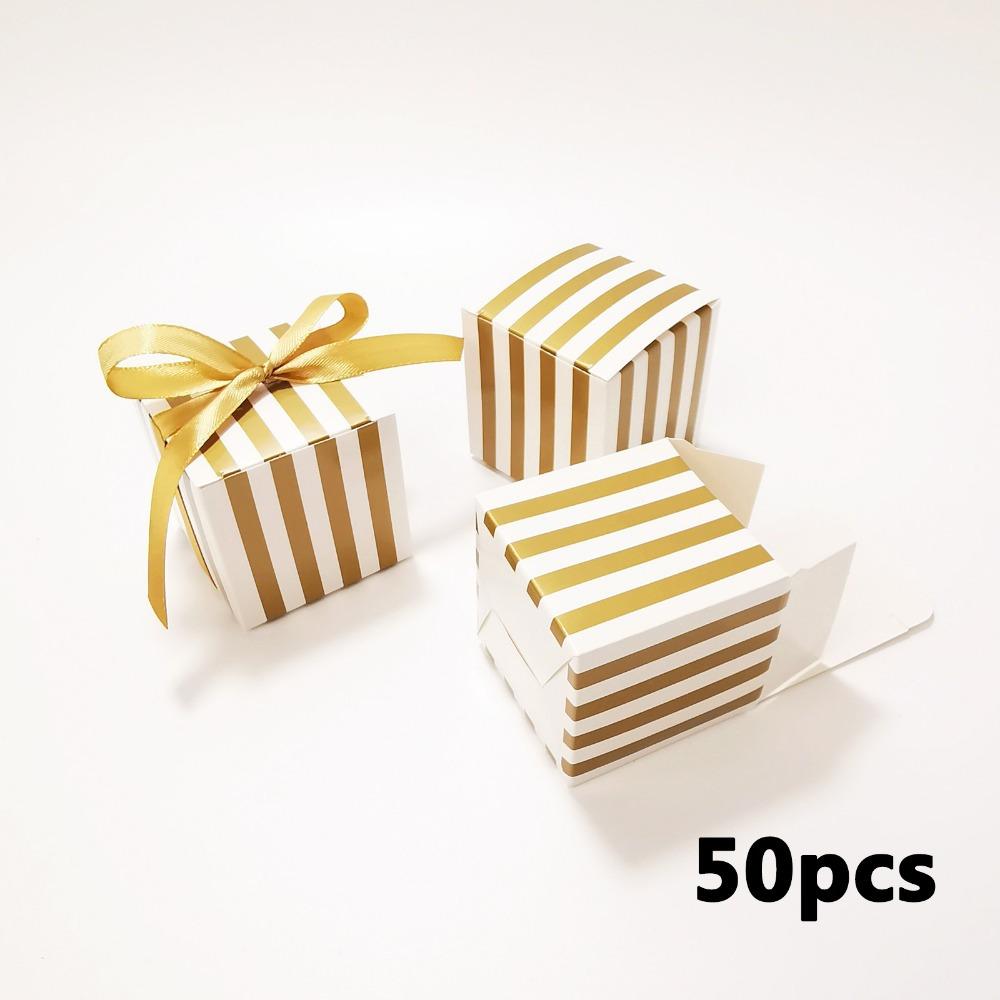 50pcs Strips Pattern Small Gift Box Wrapping Carton Box with Ribbon Gift Packing Box for Wedding Decorations Birthday Event and Party Supplies