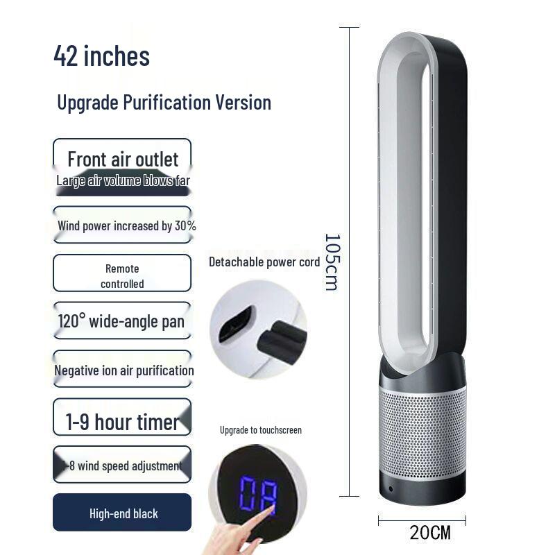 42" Bladeless Tower Fan & Air Purifier, Silent Design with Remote, 110V UK Plug