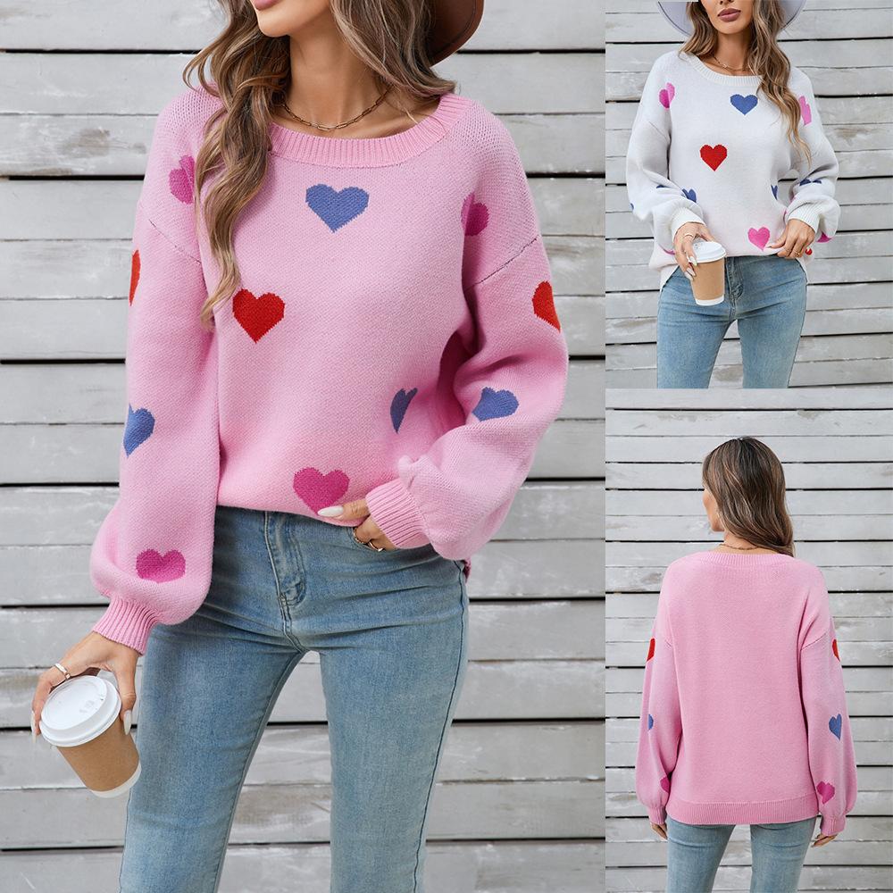 Winter Women's Sweater Love Valentine's Day Round Neck Pullover Peach Heart Sweater