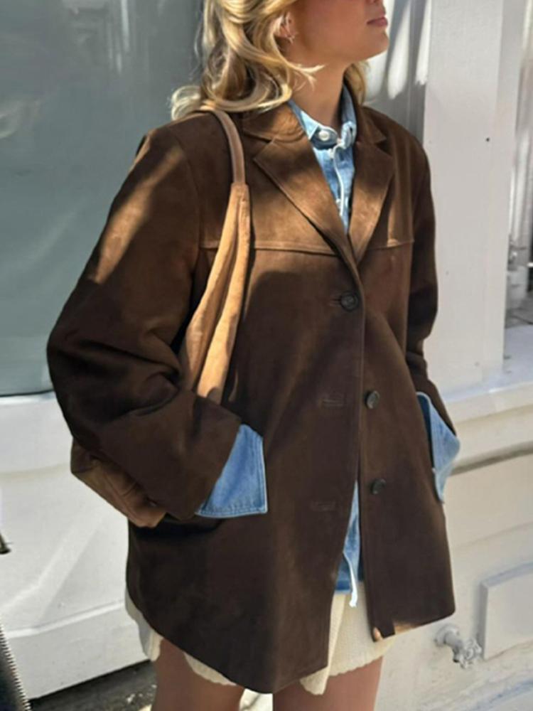 Loose Vintage Suede Jackets Women Lapel Single Breasted Long Sleeves Pockets Blazer Jacket Autumn Maillard Outerwears