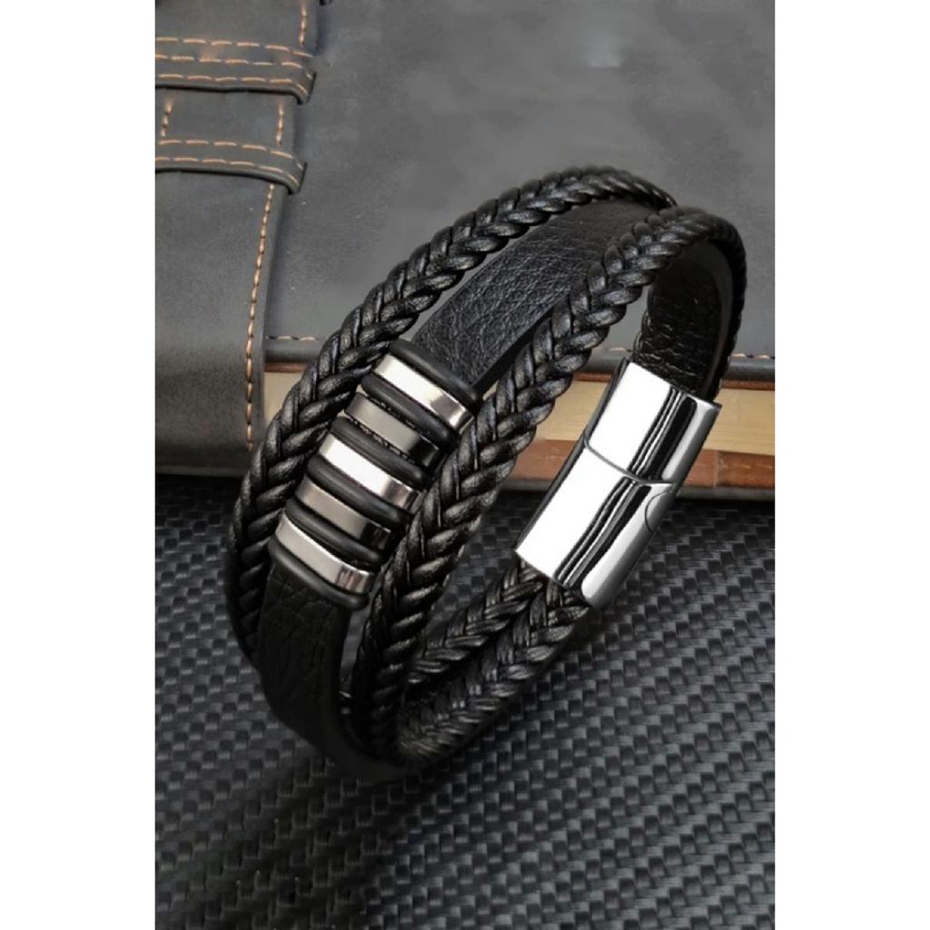 Набор мужских браслетов ручной работы из кожи и натурального камня