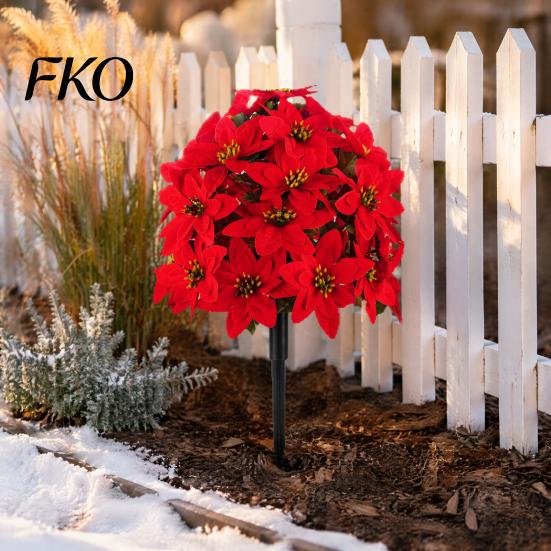 Lifelike Christmas Blooms Artificial Poinsettia Flower Ornaments, Realistic Decorations, Fake Flowers with Stake for Holiday Party Supplies