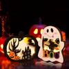 Halloween Wooden Tabletop Lighting Pumpkin, 2 Pack Glowing Pumpkin Ghost Lantern Shadow Box Halloween Tabletop Decorations Ornam
