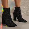 Large Size Women's Fashion Autumn Winter Pointed Toe Sequined Chunky Heel Boots Ladies Cute Sequins Zipper Short Boots