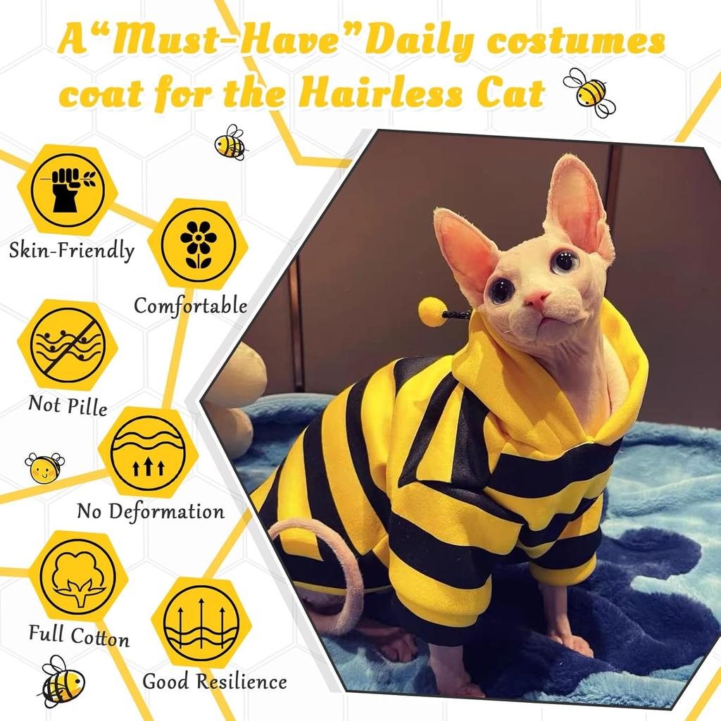 QBLEEV Sphynx Cat Clothes Honeybee, Cat Costumes for Cats Only, Hairless Cat Sweaters Warm Kitten Pullover Shirt, Cat's Pajamas Jumpsuit Apparel, Cat