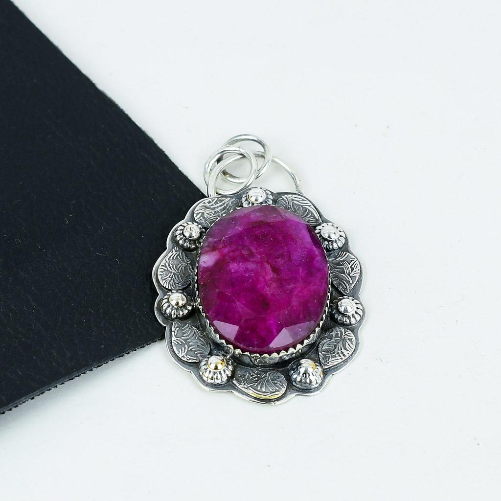 Dainty Kashmir Ruby Gemstone Silver Pendant In 925 Sterling Silver- Handmade Design, Everyday Wear Jewelry, Unique Pendant Wadding Gifts