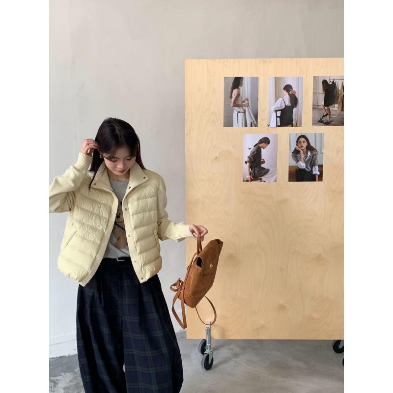 Knitted stand-up collar splicing down cotton clothes women's short winter new small light rib cotton jacket