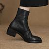 Cow Skin Autumn Winter Shoes Med Heels Chelsea Boots Round Toe Keep Warm Zipper Ankle Boots