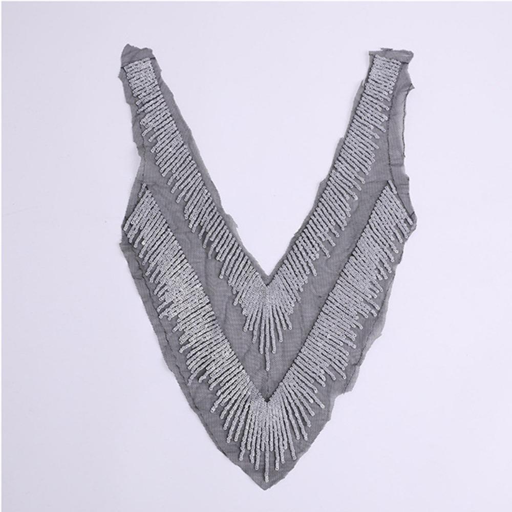 V Collar Design Mesh Lace Appliques Silver Sequins Dress Decoration Appliques Gown Embellishment