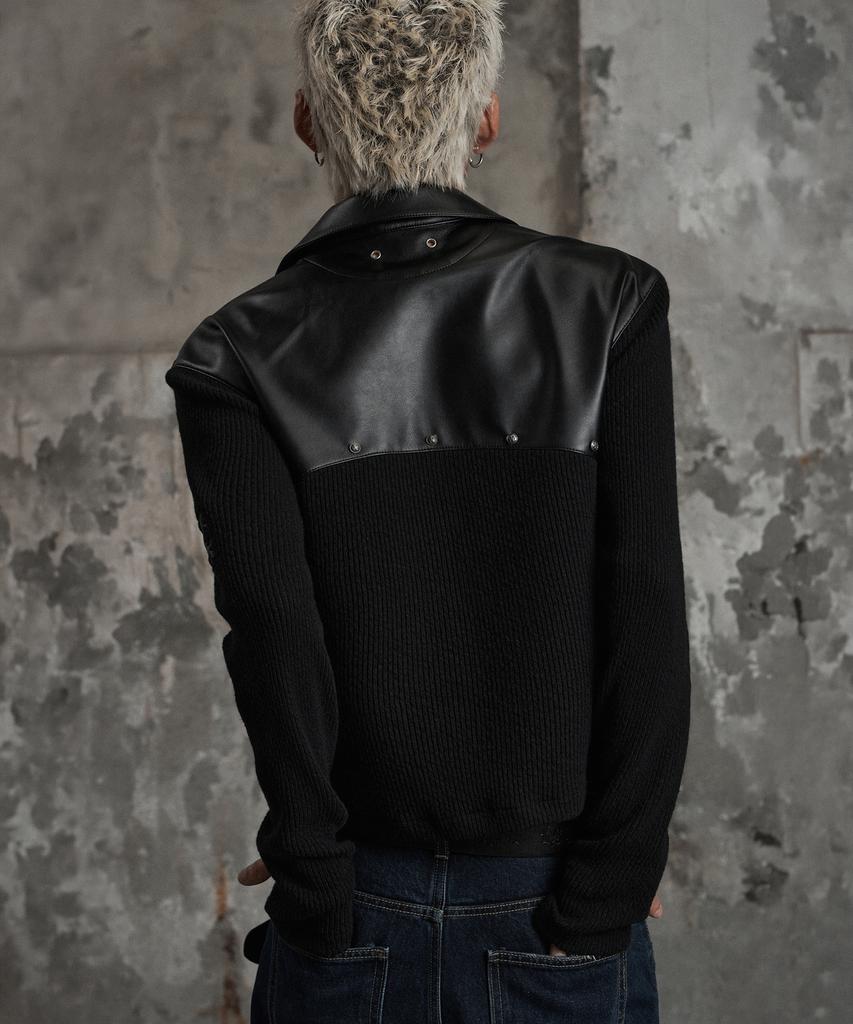 LANARCHIVE [0162] Cross Leather Collar Zip-Up Jacket - Black