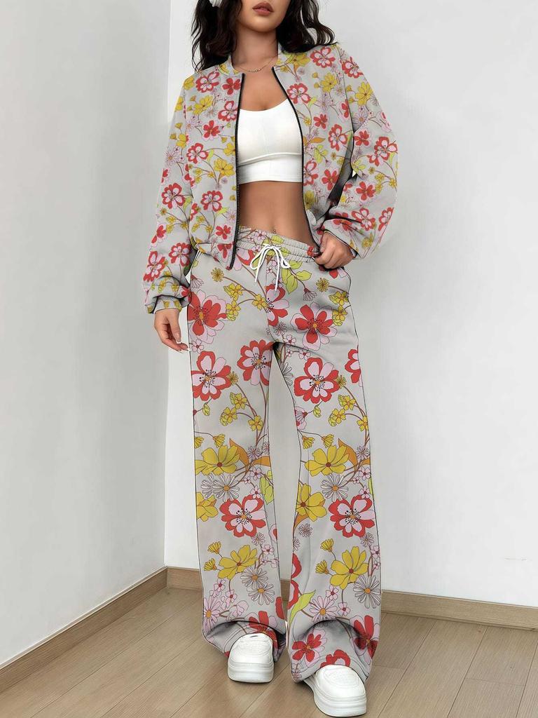 Striped Autumn And Winter New European And American Women'S Clothing Pink Flower Printing Suit Women