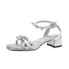 Summer New Thick Heel with Buckle Silver Rhinestone Sandals Women's Bow High Heels
