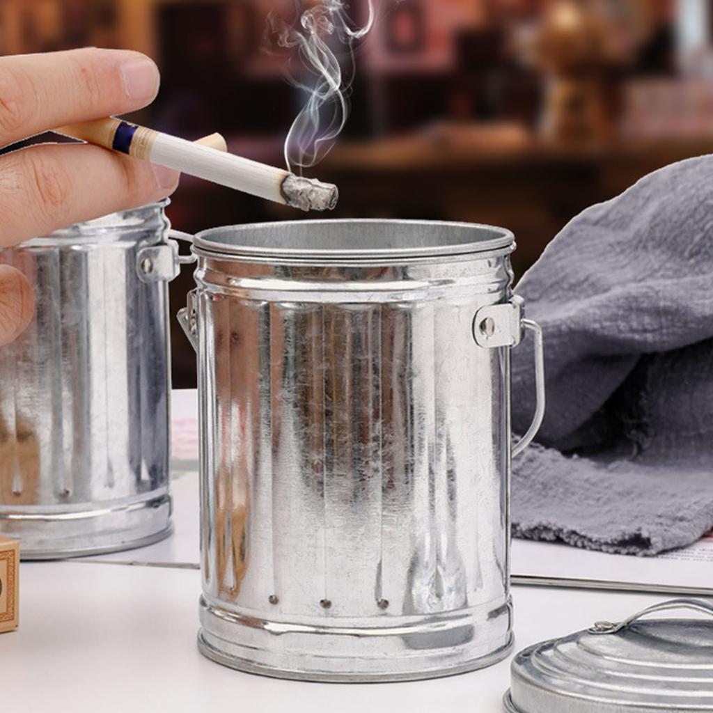 Simple Galvanized Iron Ashtray with Lid for Home Office and Bedside Use Stylish Desktop Trash Bin Ash Holder Practical