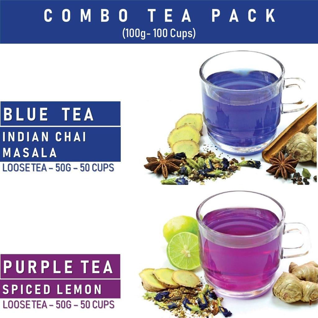 Clitoria Tea Set: Masala with Spices and Lemon (100 G), Blue Tea Indian Chai Masala & Purple Tea Spiced Lemon Set, Blue Tea
