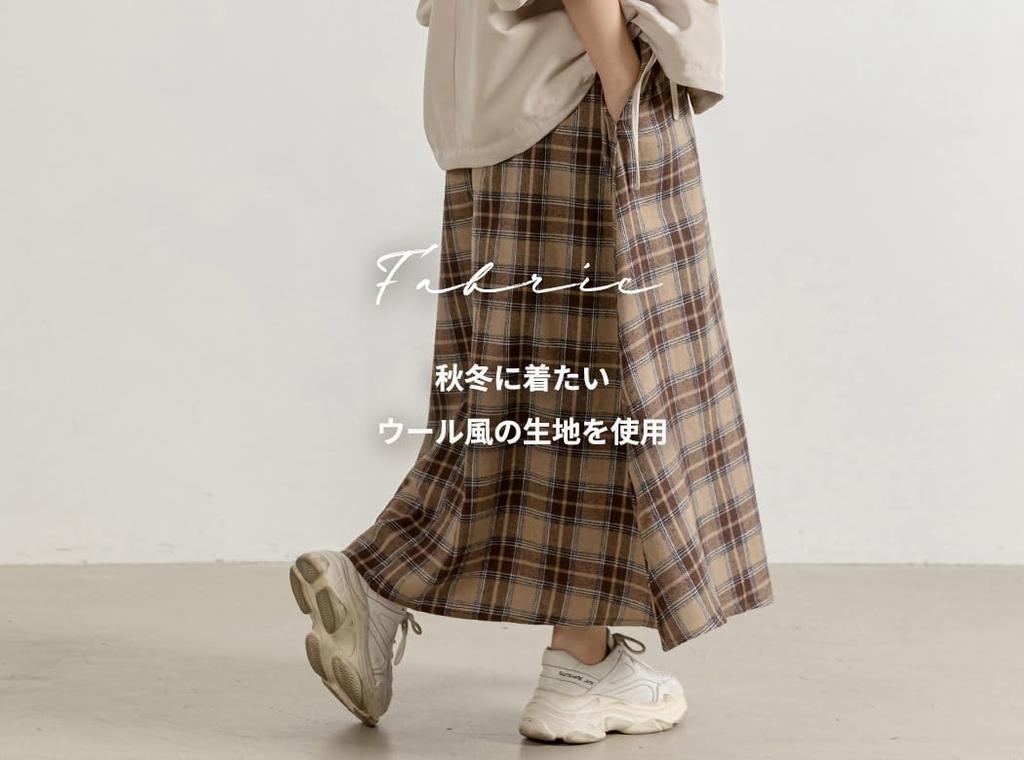 DAYCLOSET Long Flared Loose Check Elastic Pants 463 Beige x Women's Skirt, A-Line, Fit, Pattern, Waist, Spring/Autumn/Winter, (M, Black)