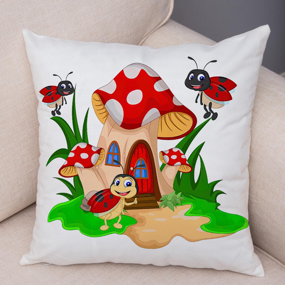 Cartoon Insect Mushroom House Cushion Cover Double Sided Soft Polyester Home Decor Pillow Case