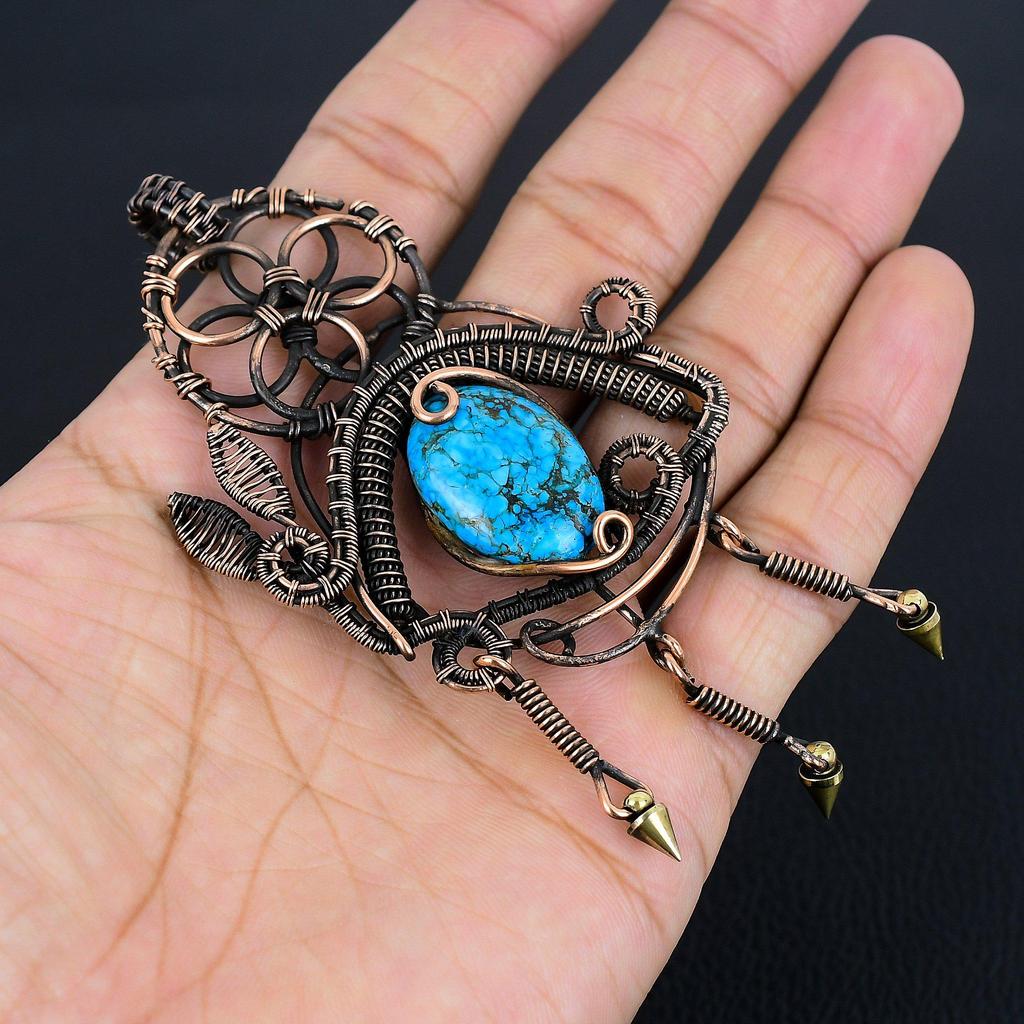 Blue Turquoise Handmade Gemstone Pendant, 999 Copper Wire Wrapped Antique Jewelry Pendant, For Engagement Gift