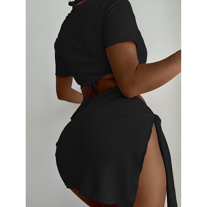 Solid Color Swimsuit Women 4-Piece Bikini Sexy Beach Skirt Bathing Suit Short Sleeve Swimwear High Waist Summer Beachwear