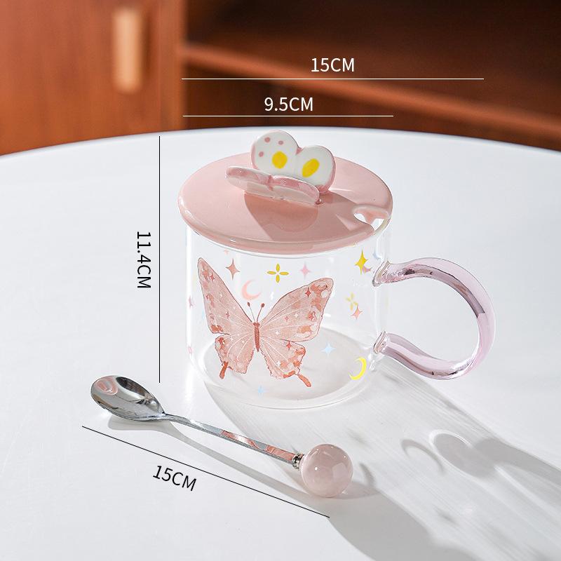 Чашка из термостойкого стекла в форме бабочки, чашка для завтрака, подарок, высокая ценность, розовая, для девочки, чашка-сердце, кружка с крышкой и ложкой