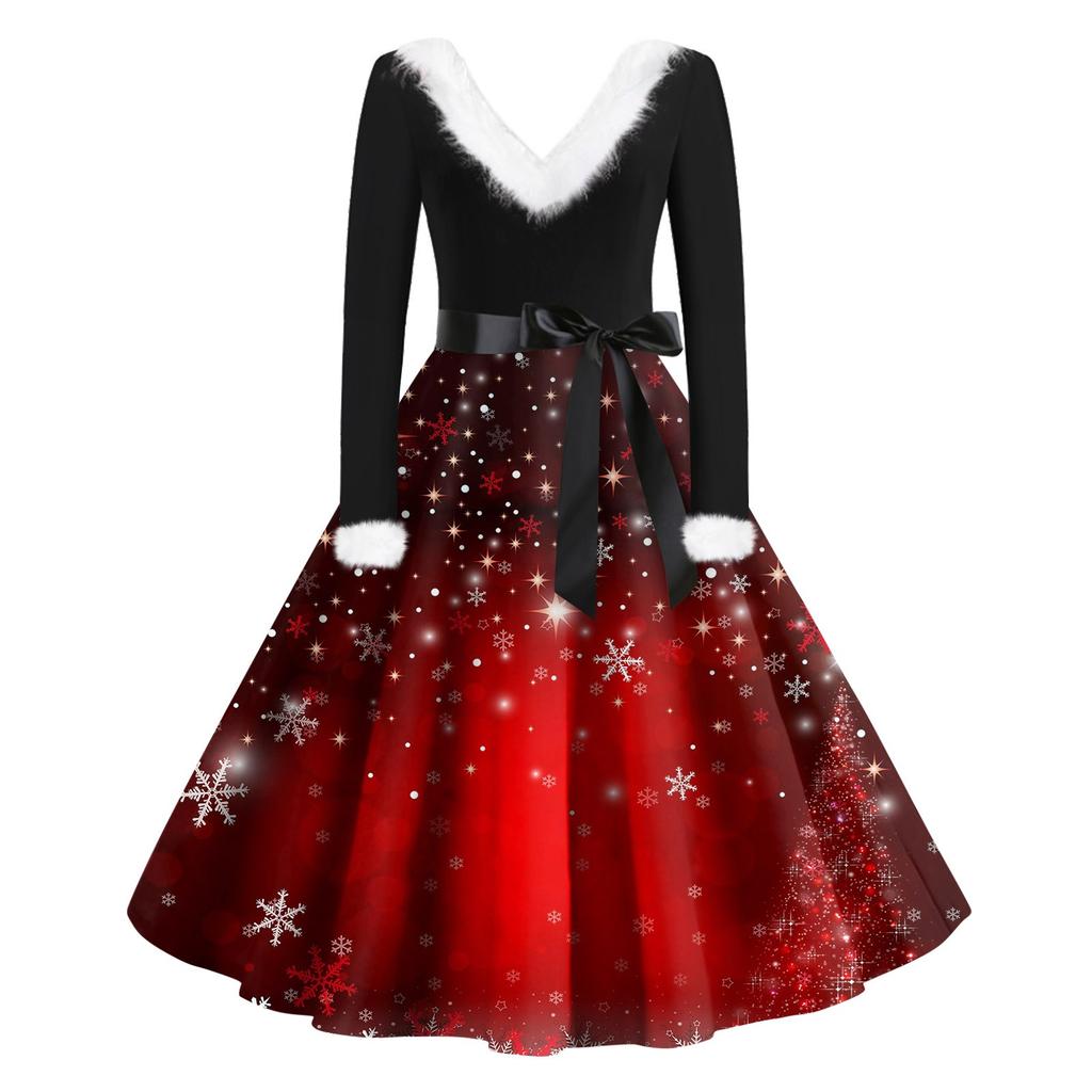 Women's Fashion V-Neck Casual Slim Christmas Printed Long Sleeve Woolen Dresses