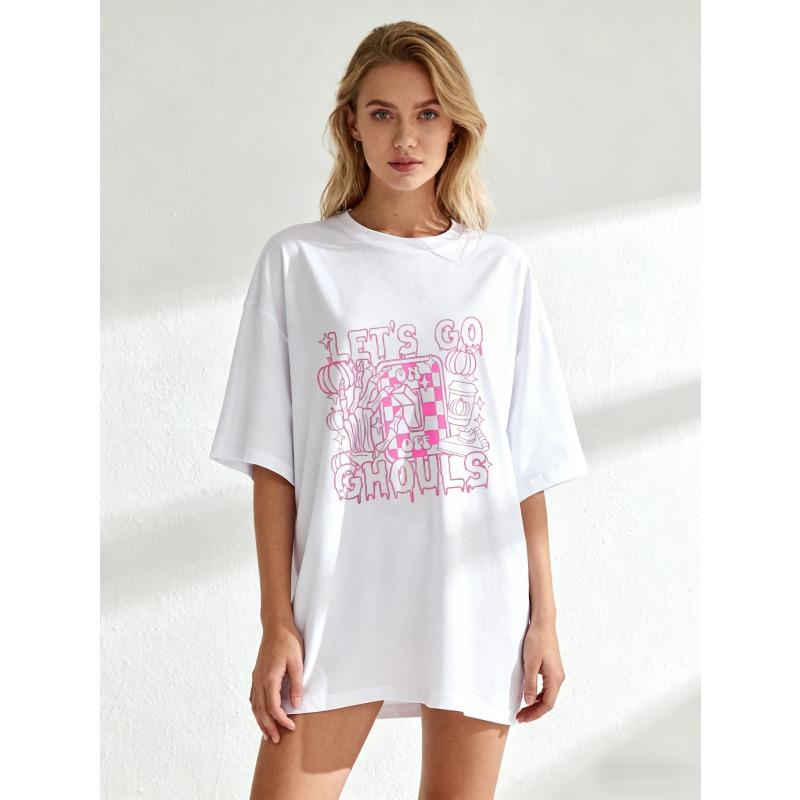 Black Oversized T-Shirt With Pink Let's Go To The Ghouls Halloween Print For Casual Wear And Party Outfits