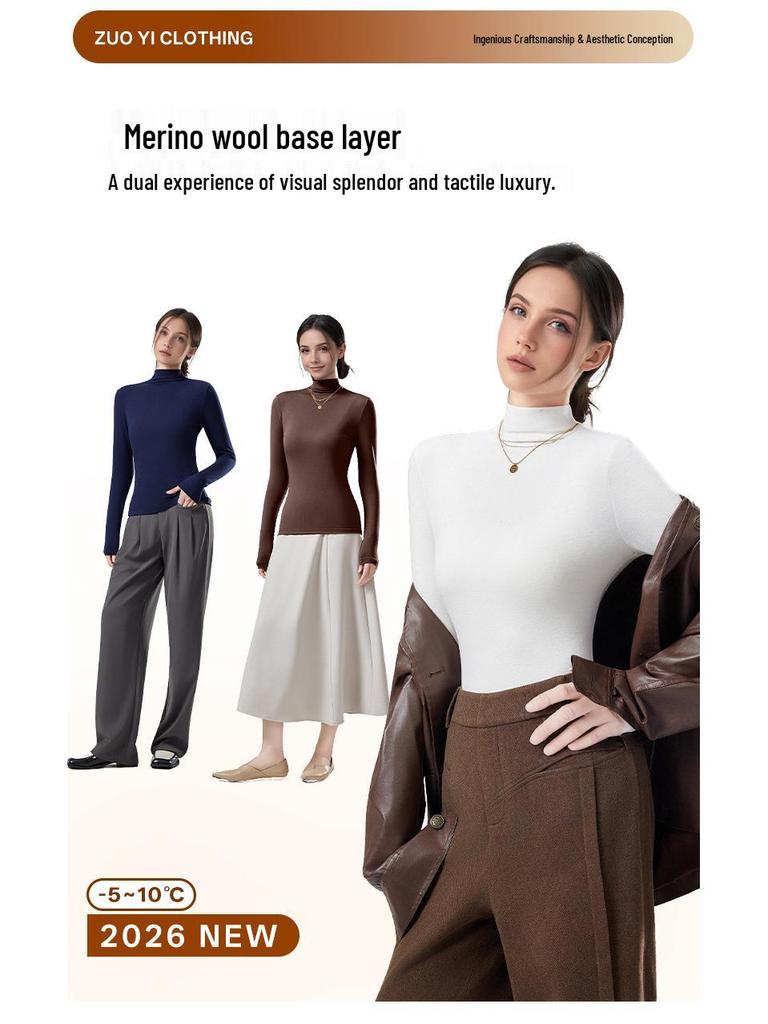 Women's High Neck Wool Long Sleeve Base Layer Top for Fall/Winter