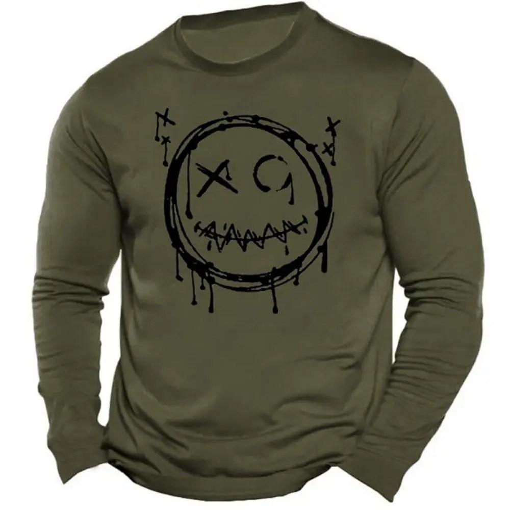 Футболка с длинным рукавом с 3D-принтом и рисунком смайлика для мужчин, простая мода, с объемным круглым вырезом и длинным рукавом