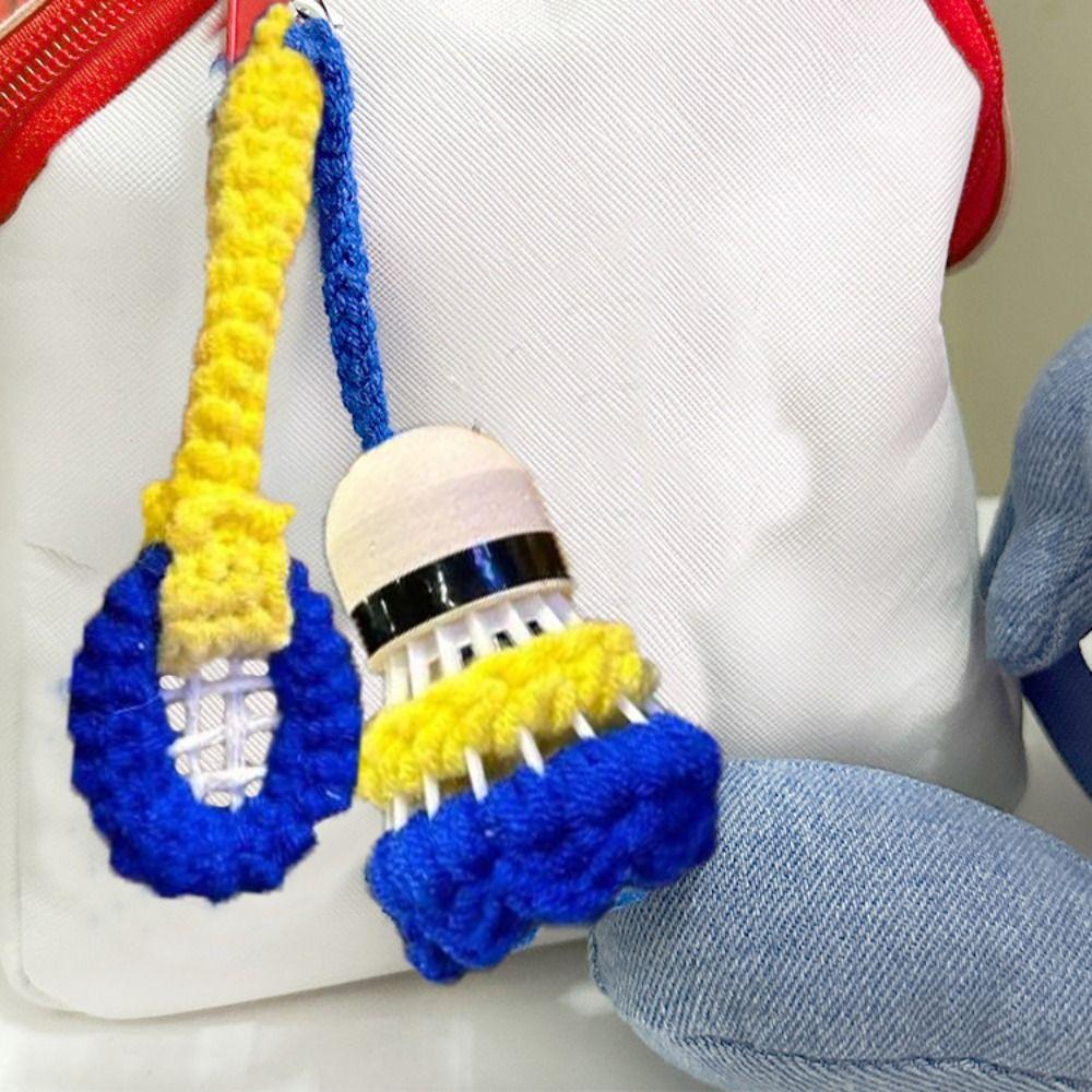 Color Mixed Knitted Badminton Pendant Mini Bell Car Keyring Crochet Badminton Keychain Couple