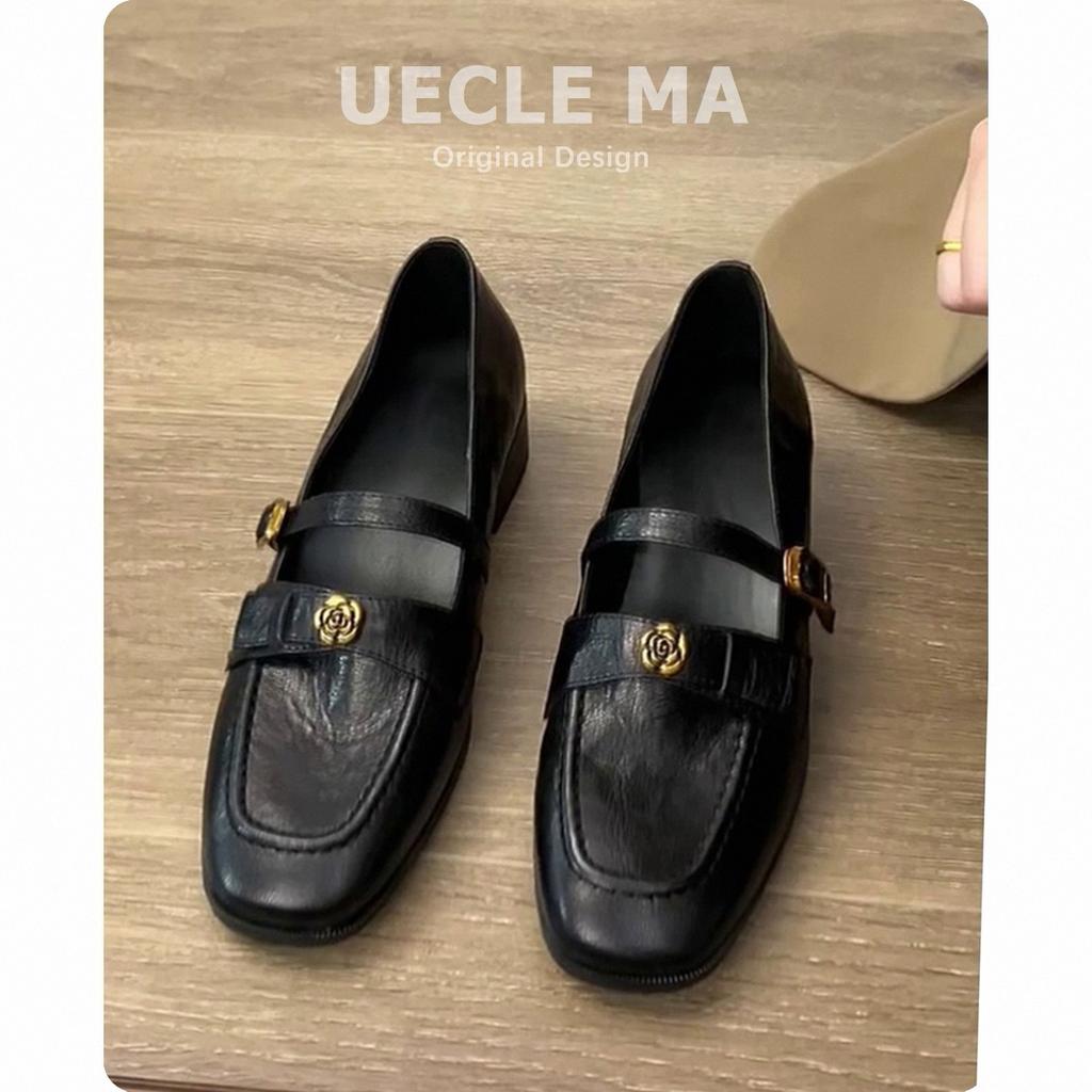 Cowhide Version~ Genuine Leather Retro French Single Shoes Women's Thick Heel with One-word Buckle Mary Jane Shoes Commuter Camellia Leather Shoes